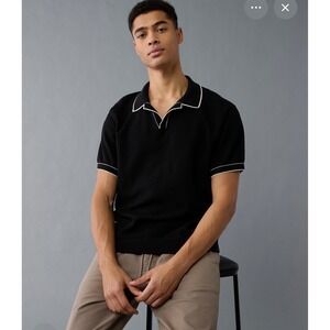New American Eagle AE Weekend Tipped Sweater Polo Shirt Ribbed Mens Large Black
